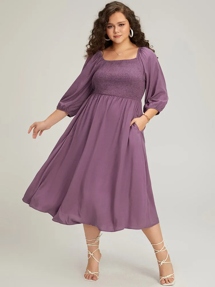 Plain Shirred Square Neck Elastic Cuffs Dress sold by Bloomchic product image thumbnail 4