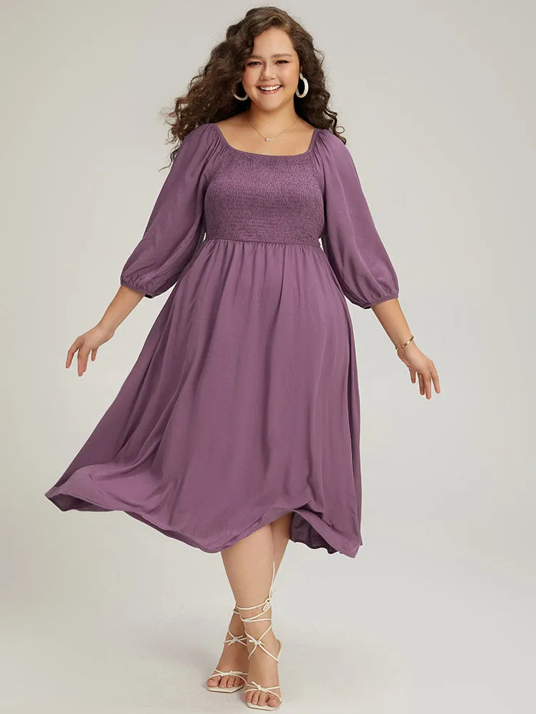 Plain Shirred Square Neck Elastic Cuffs Dress sold by Bloomchic