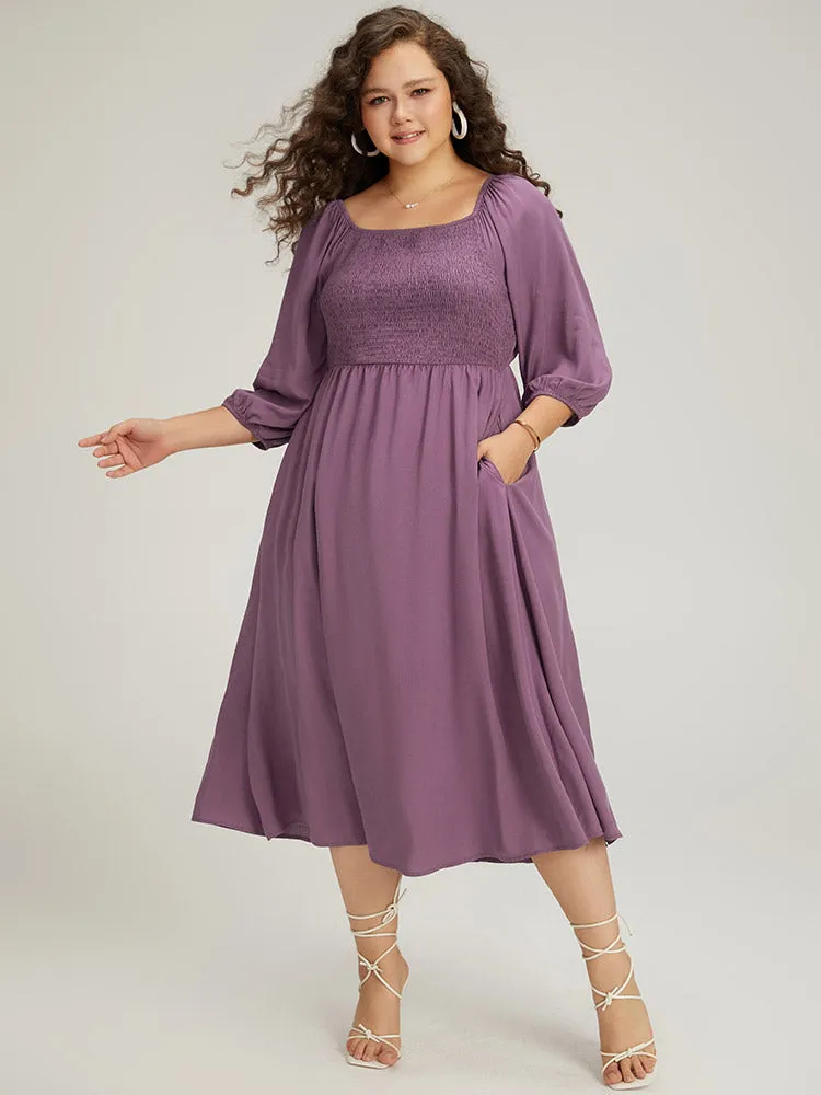 Plain Shirred Square Neck Elastic Cuffs Dress sold by Bloomchic product image thumbnail 2