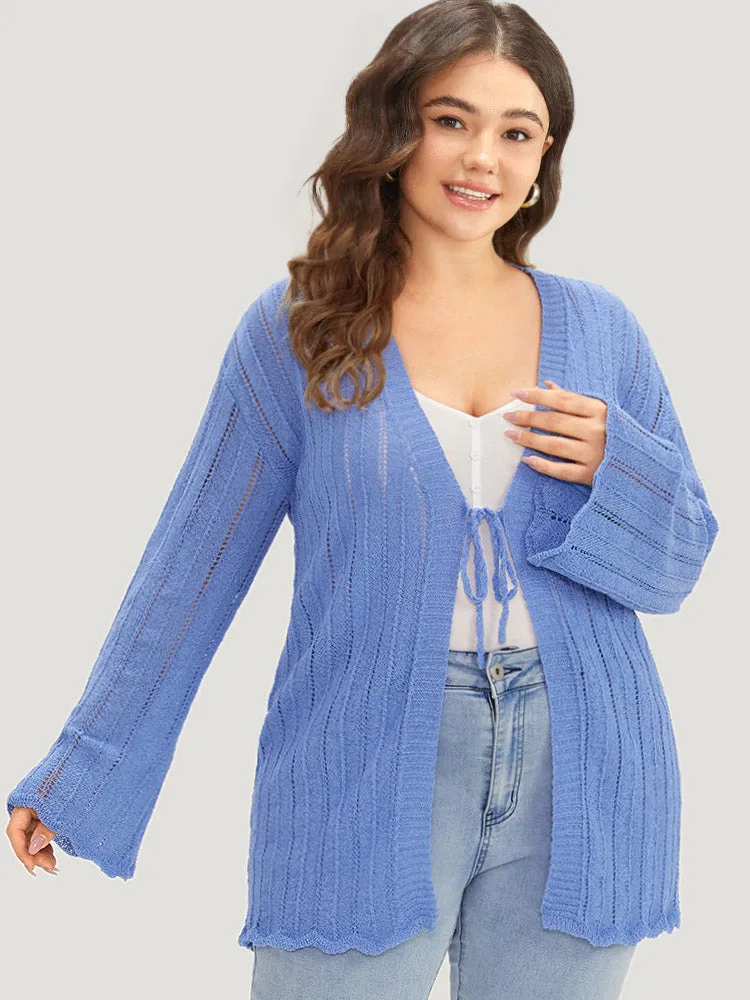 Plain Ties Front Bell Sleeve Scalloped Trim Cardigan sold by Bloomchic