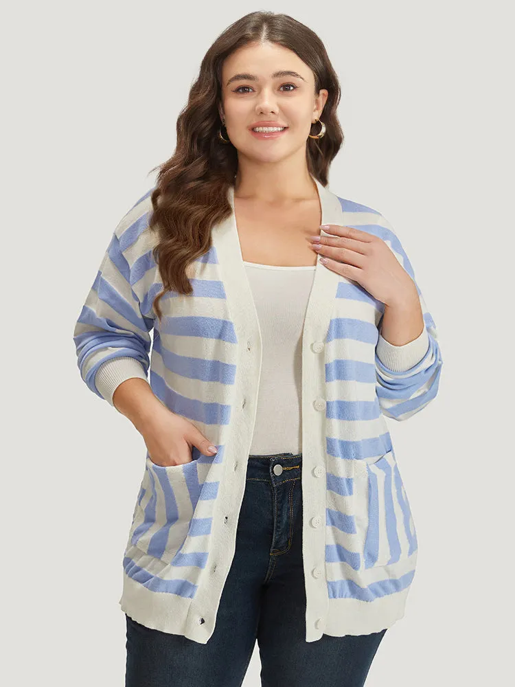 Striped Button Down Patched Pocket Cardigan sold by Bloomchic