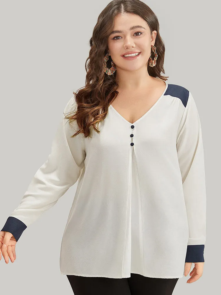 Contrast Patchwork Plicated Button Detail Blouse sold by Bloomchic