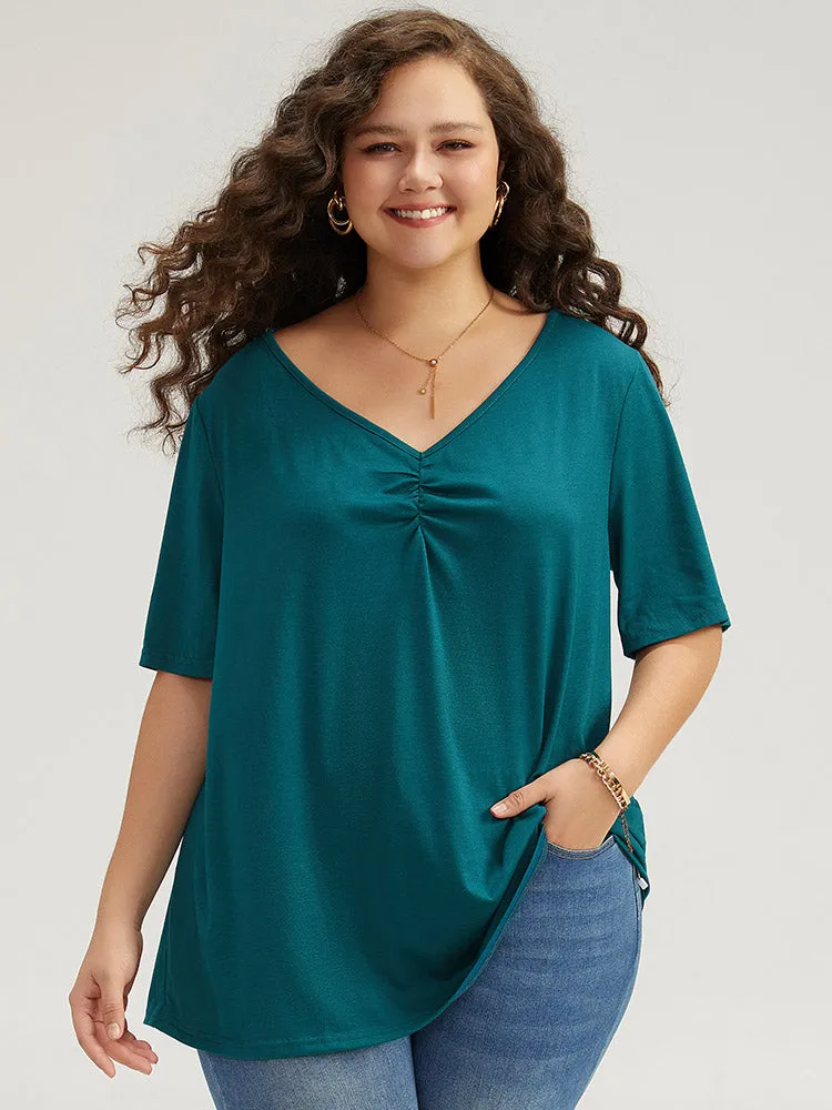 Plain Ruched V Neck Ruffle Sleeve T-shirt sold by Bloomchic product image thumbnail 4