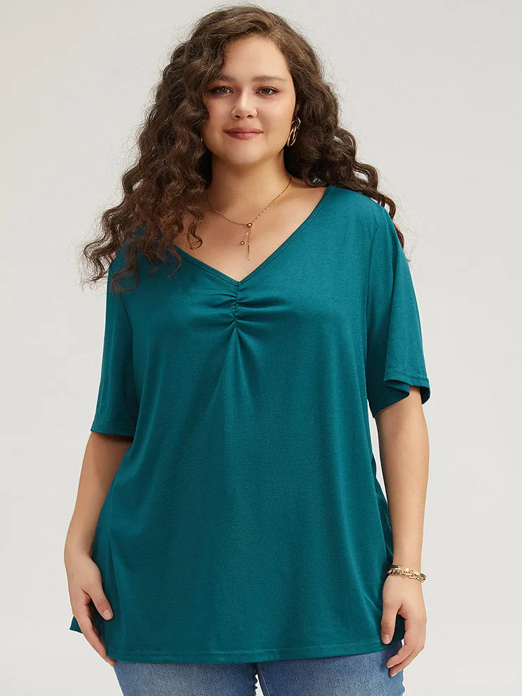 Plain Ruched V Neck Ruffle Sleeve T-shirt sold by Bloomchic