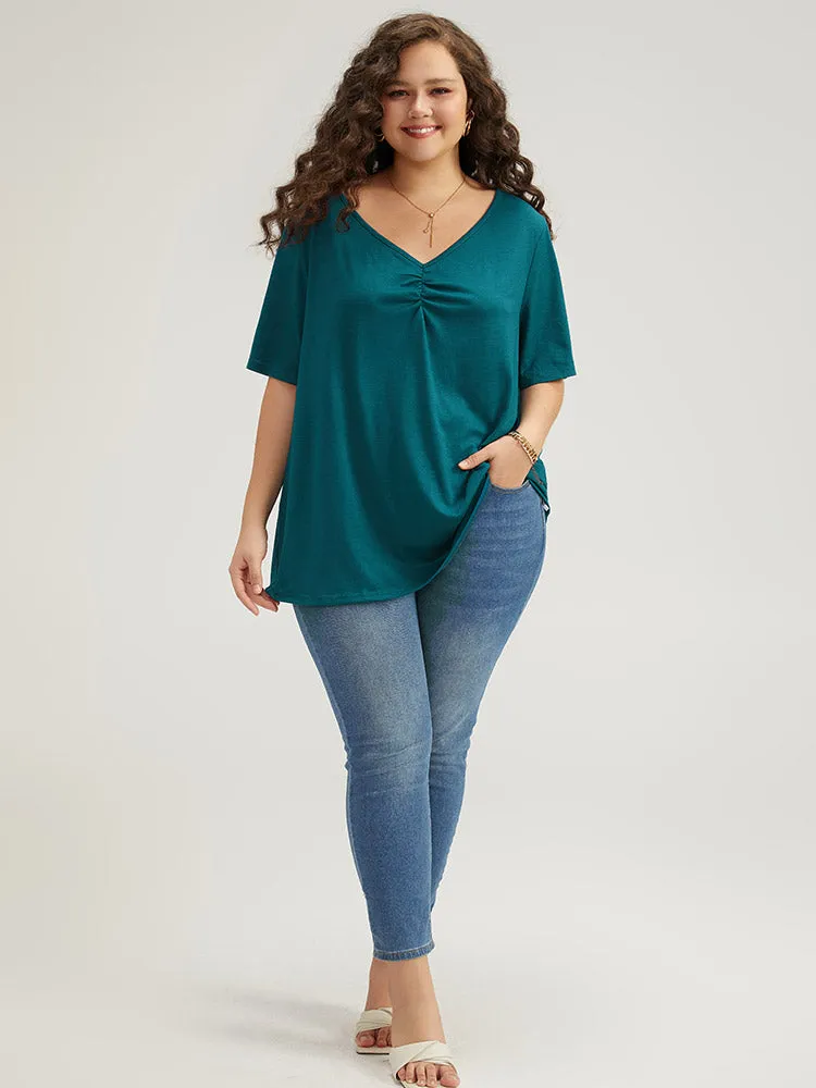 Plain Ruched V Neck Ruffle Sleeve T-shirt sold by Bloomchic product image thumbnail 5