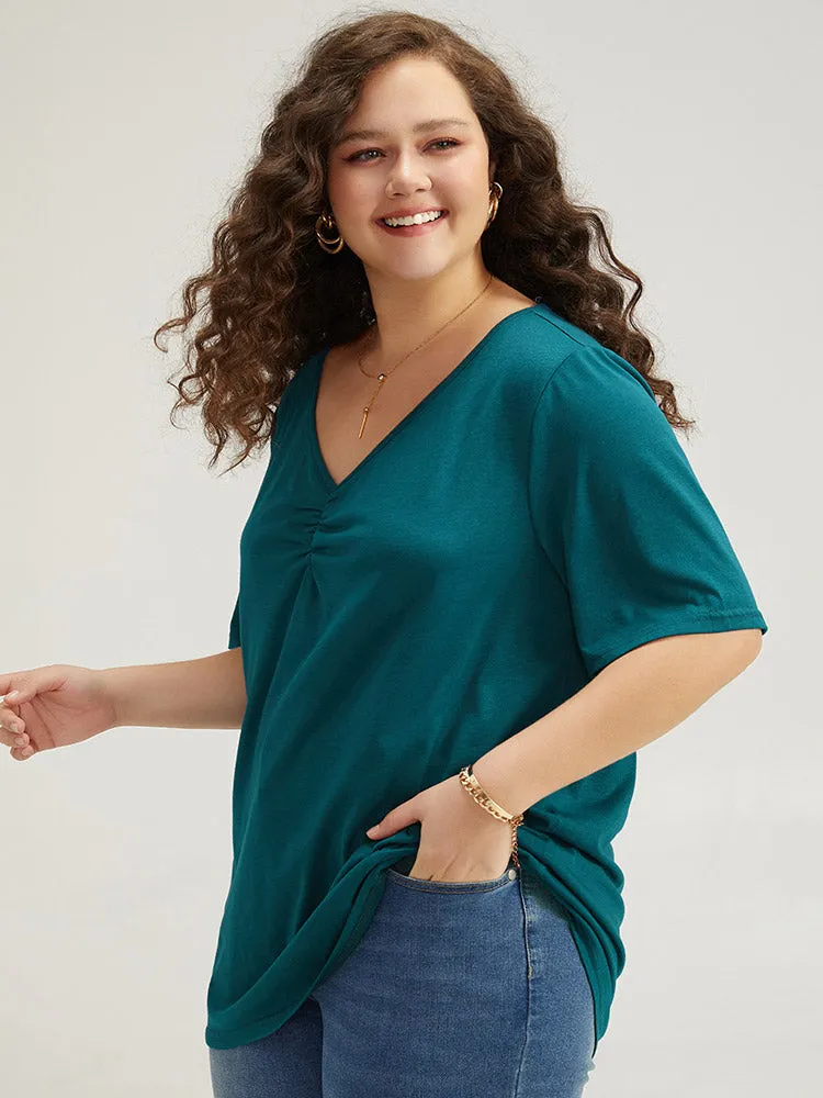 Plain Ruched V Neck Ruffle Sleeve T-shirt sold by Bloomchic product image thumbnail 3
