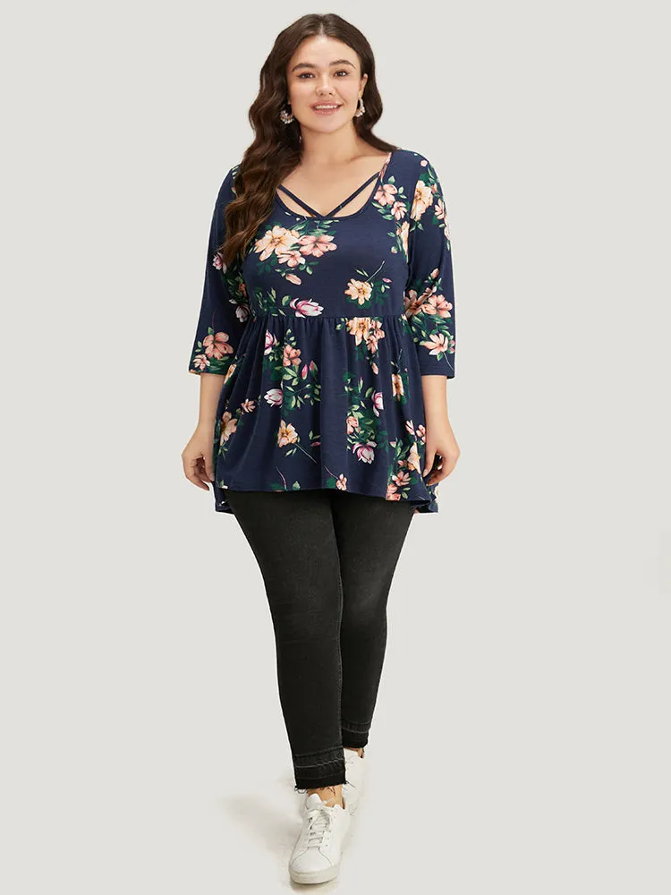 Floral Print Crisscross Flutter Hem T-shirt sold by Bloomchic product image thumbnail 5