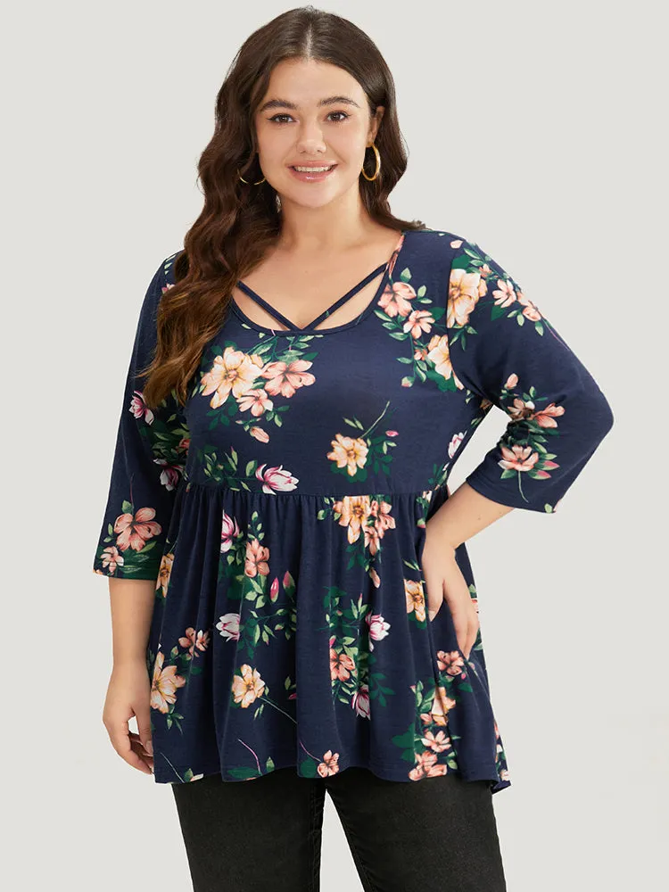 Floral Print Crisscross Flutter Hem T-shirt sold by Bloomchic product image thumbnail 2