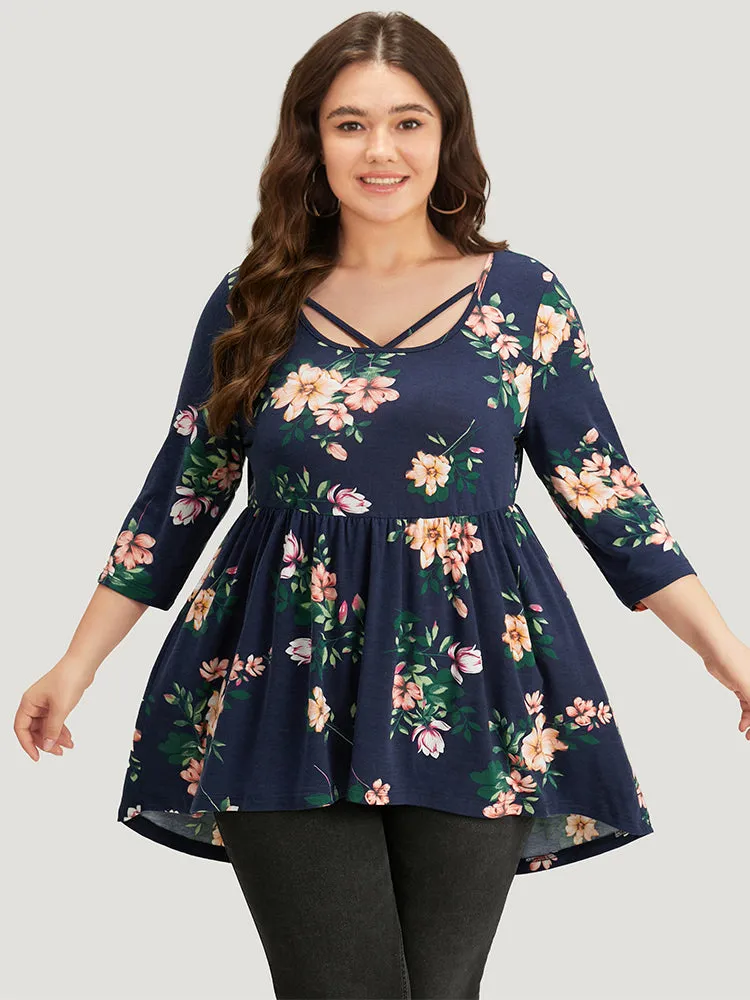Floral Print Crisscross Flutter Hem T-shirt sold by Bloomchic