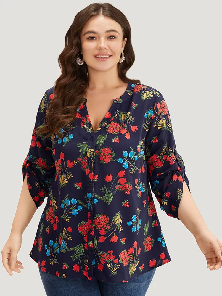 Floral Print Notched Tab Sleeve Blouse sold by Bloomchic