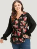 Floral Print Patchwork Wrap Ties Lantern Sleeve Blouse sold by Bloomchic