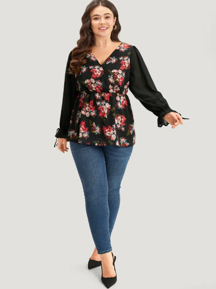 Floral Print Patchwork Wrap Ties Lantern Sleeve Blouse sold by Bloomchic product image thumbnail 4