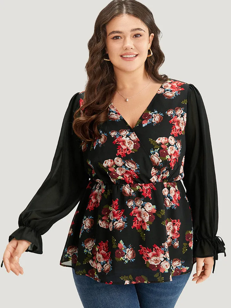 Floral Print Patchwork Wrap Ties Lantern Sleeve Blouse sold by Bloomchic