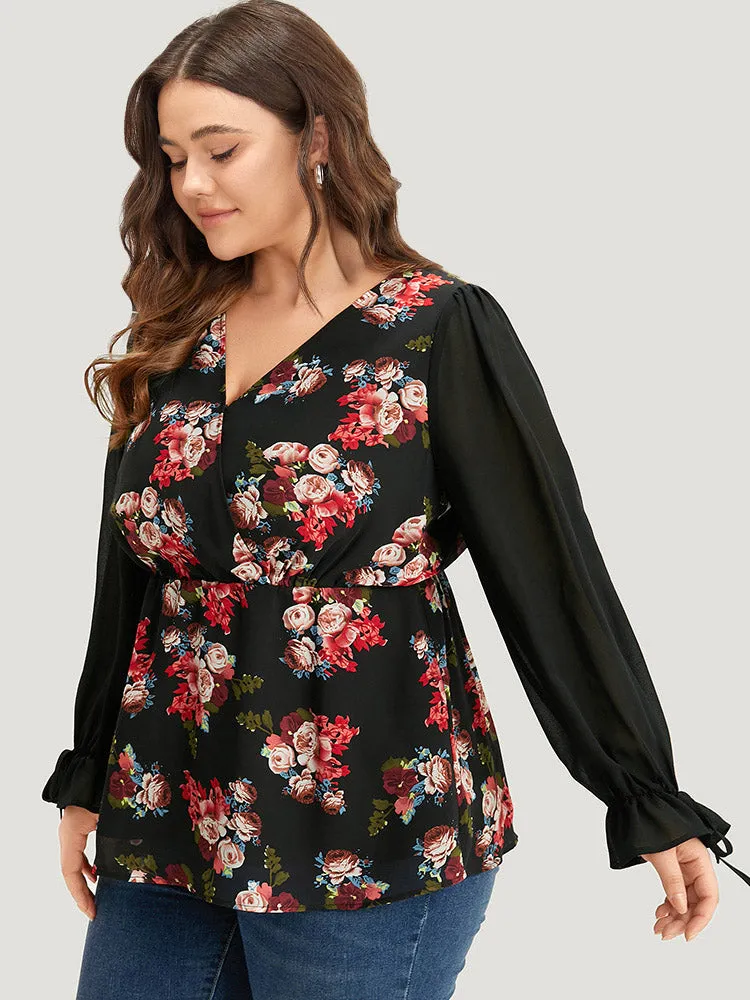 Floral Print Patchwork Wrap Ties Lantern Sleeve Blouse sold by Bloomchic product image thumbnail 5