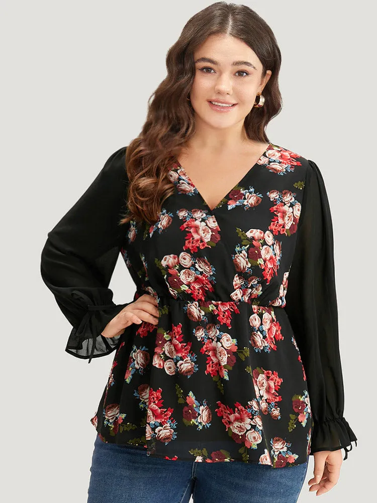 Floral Print Patchwork Wrap Ties Lantern Sleeve Blouse sold by Bloomchic product image thumbnail 2