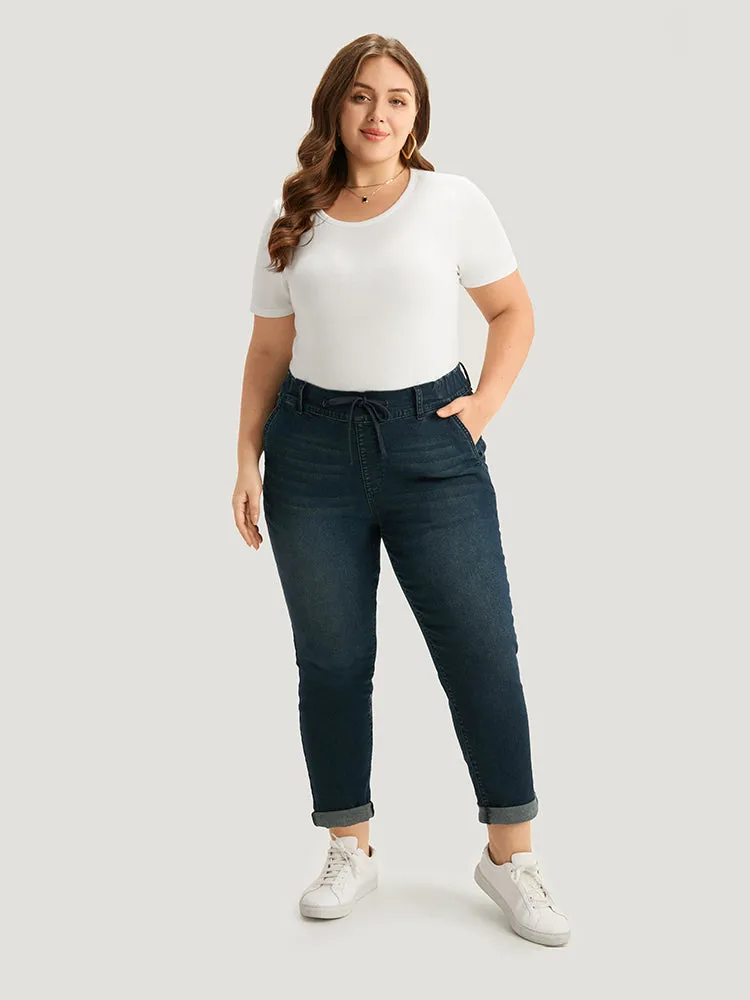 Plain Drawstring Front Roll Hem Jeans sold by Bloomchic product image thumbnail 3