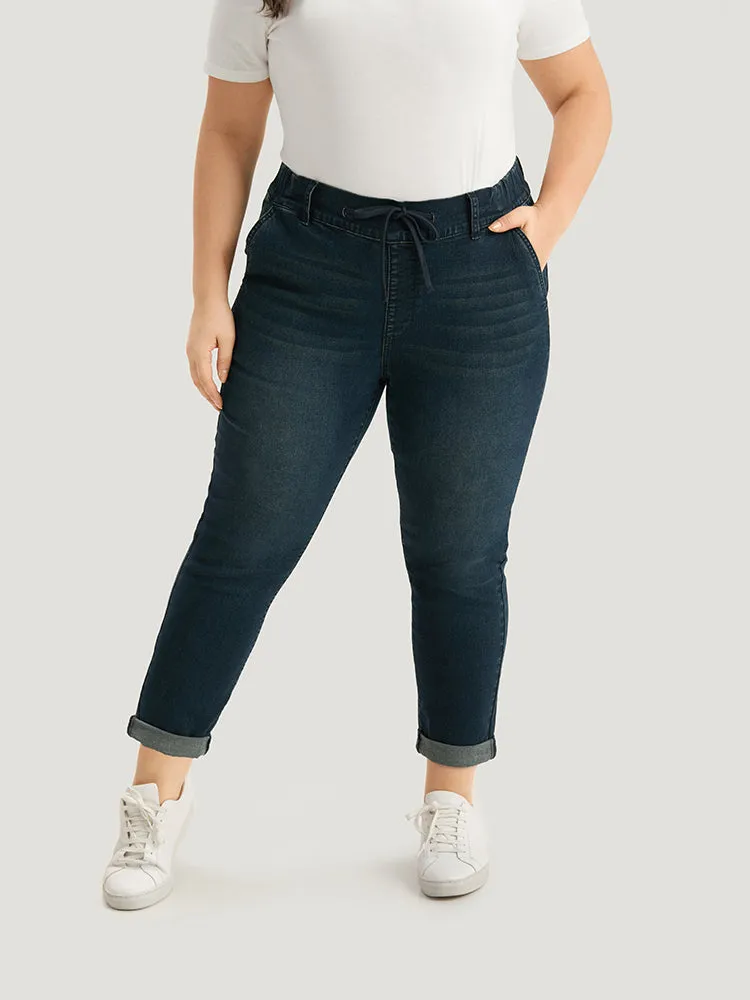 Plain Drawstring Front Roll Hem Jeans sold by Bloomchic