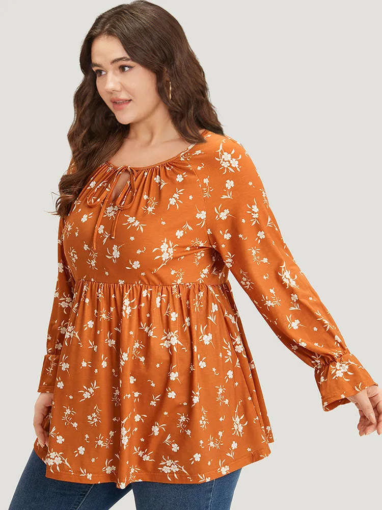 Silhouette Floral Print Tie Neck Elastic Waist Gathered T-shirt sold by Bloomchic product image thumbnail 4