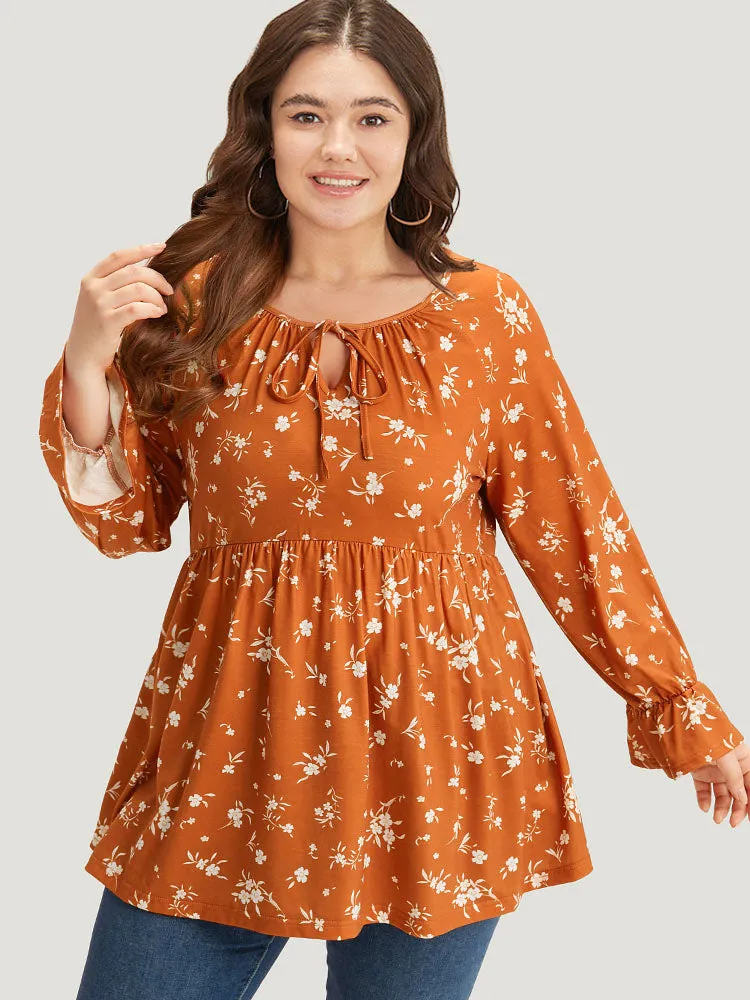 Silhouette Floral Print Tie Neck Elastic Waist Gathered T-shirt sold by Bloomchic