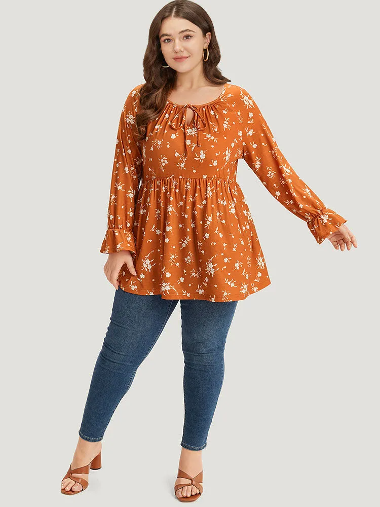 Silhouette Floral Print Tie Neck Elastic Waist Gathered T-shirt sold by Bloomchic product image thumbnail 5