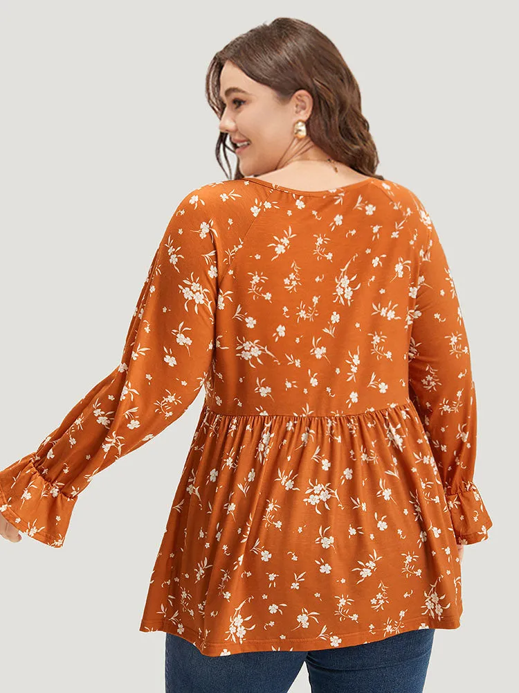 Silhouette Floral Print Tie Neck Elastic Waist Gathered T-shirt sold by Bloomchic product image thumbnail 2