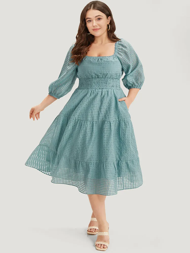 Plain Gathered Texture Shirred Pocket Lantern Sleeve Dress sold by Bloomchic product image thumbnail 4