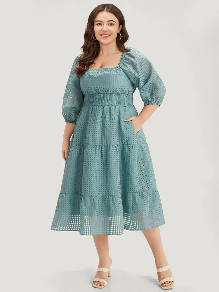 Plain Gathered Texture Shirred Pocket Lantern Sleeve Dress sold by Bloomchic