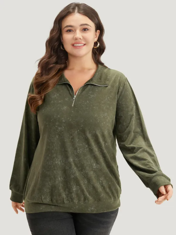 Lapel Collar Zipper Elastic Hem Sweatshirt sold by Bloomchic