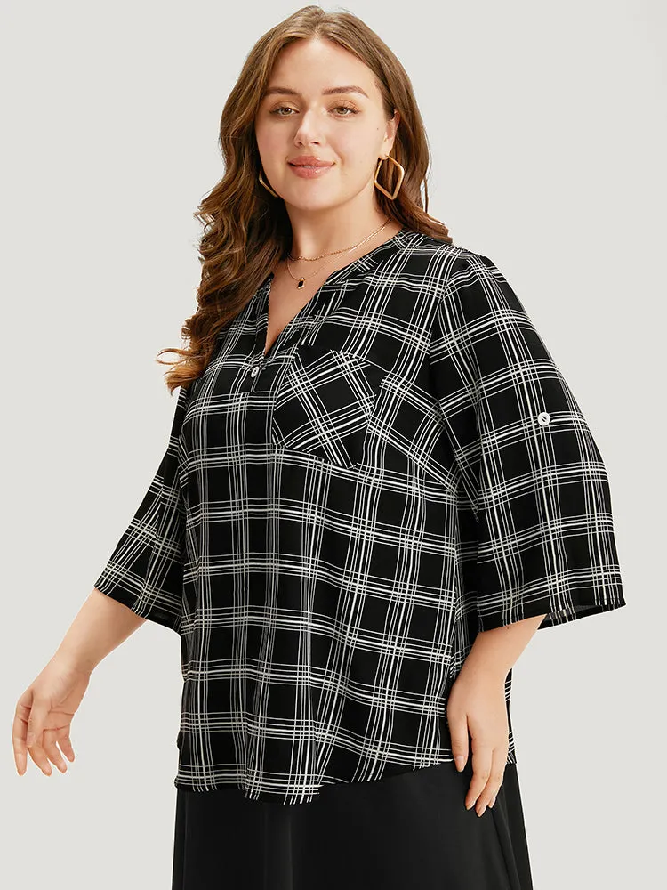 Plaid V Neck Button Up Tab Sleeve Woven Top sold by Bloomchic product image thumbnail 5