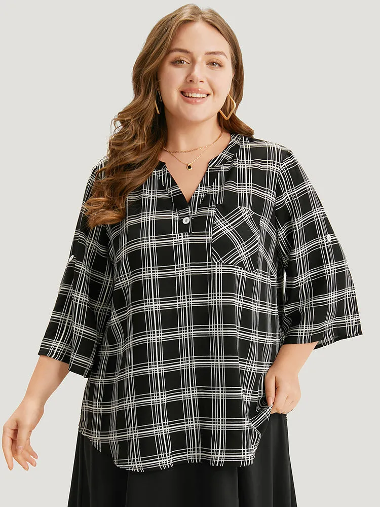 Plaid V Neck Button Up Tab Sleeve Woven Top sold by Bloomchic product image thumbnail 3