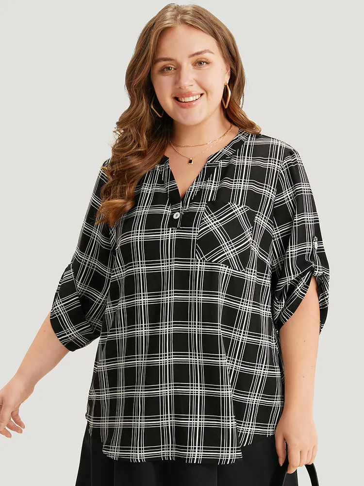 Plaid V Neck Button Up Tab Sleeve Woven Top sold by Bloomchic