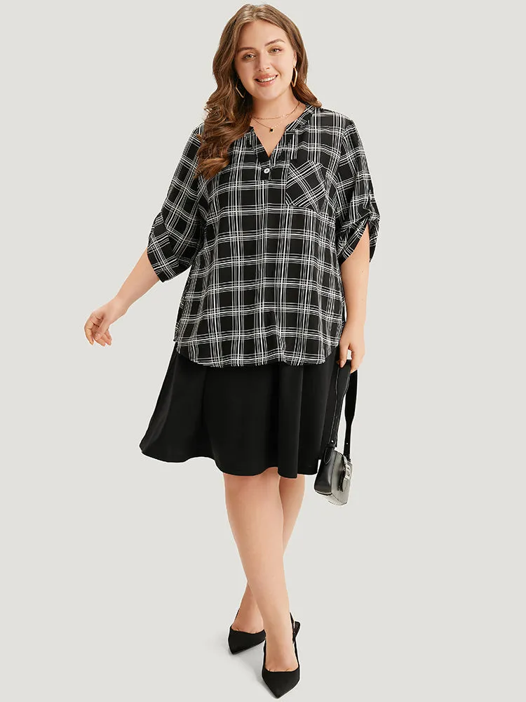 Plaid V Neck Button Up Tab Sleeve Woven Top sold by Bloomchic product image thumbnail 2