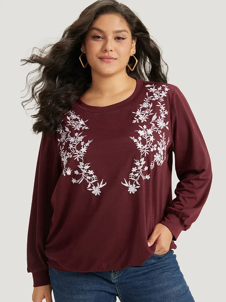 Silhouette Floral Print Embroidered Crew Neck Sweatshirt sold by Bloomchic