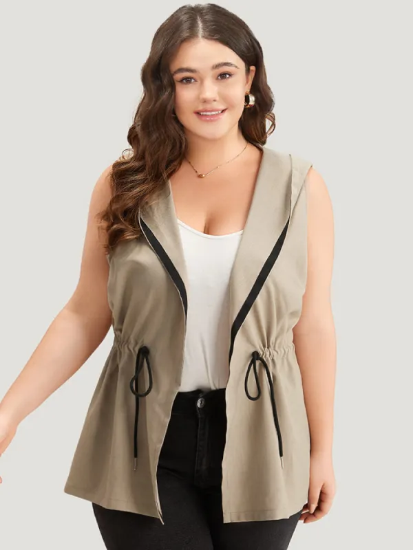 Contrast Trim Hooded Elastic Waist Drawstring Sleeveless Jacket sold by Bloomchic