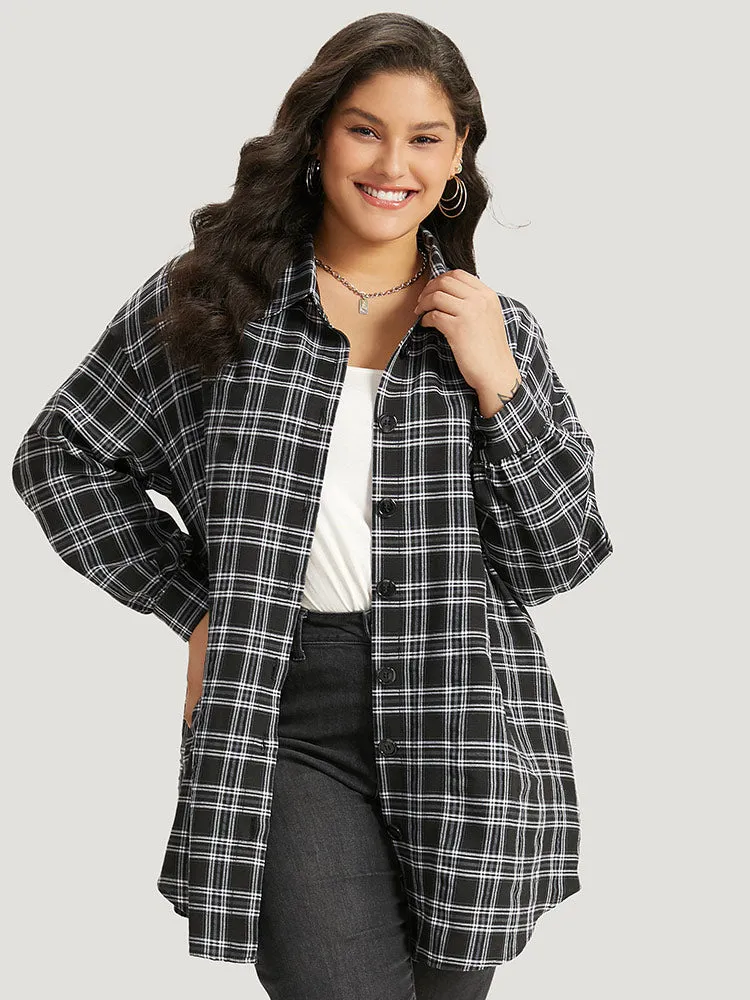 Plaid Button Fly Curved Hem Shirt Collar Coat sold by Bloomchic