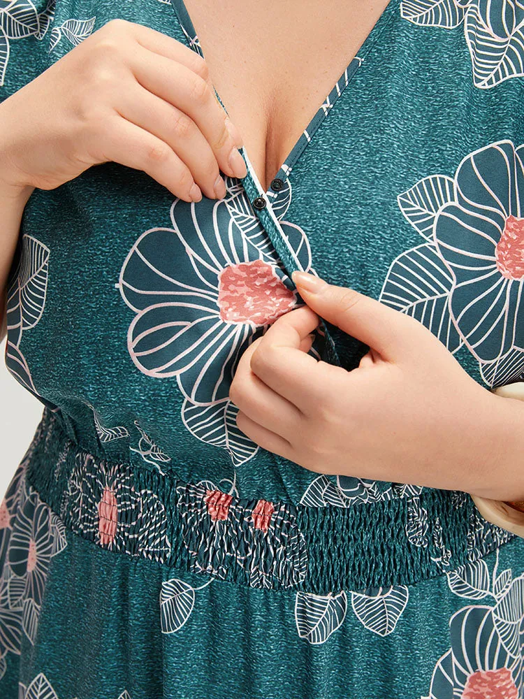 Floral Print Shirred Overlap Collar Drawstring Dress sold by Bloomchic product image thumbnail 5