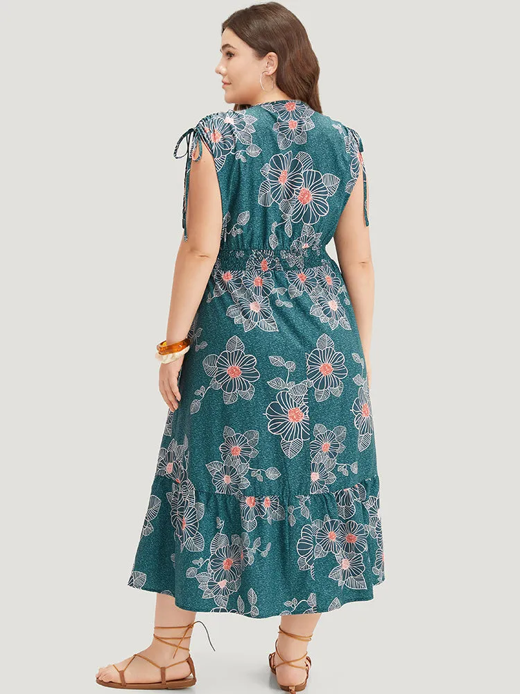 Floral Print Shirred Overlap Collar Drawstring Dress sold by Bloomchic product image thumbnail 2