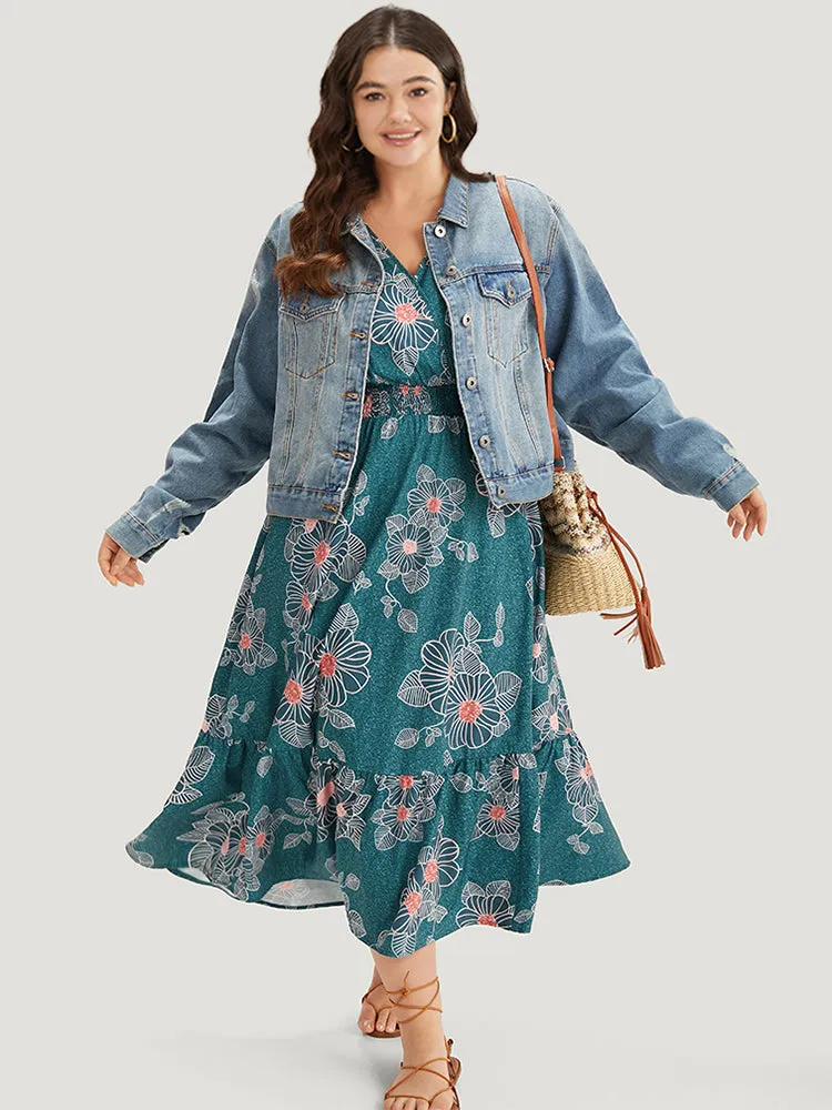 Floral Print Shirred Overlap Collar Drawstring Dress sold by Bloomchic product image thumbnail 3