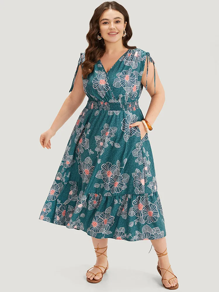 Floral Print Shirred Overlap Collar Drawstring Dress sold by Bloomchic
