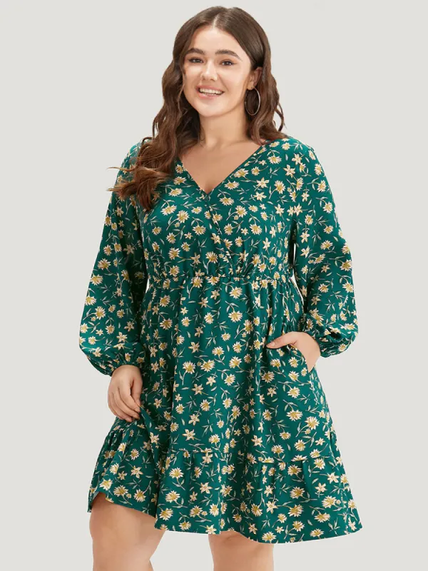 Floral Print Surplice Neck Elastic Cuffs Dress sold by Bloomchic
