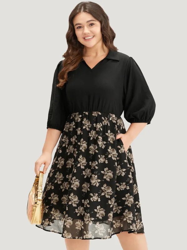 Floral Print Patchwork Shirt Collar Dress sold by Bloomchic