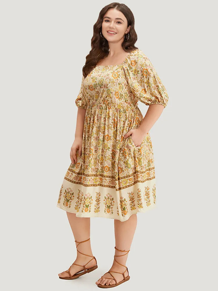 Floral Print Pocket Square Neck Elastic Cuffs Dress sold by Bloomchic product image thumbnail 5