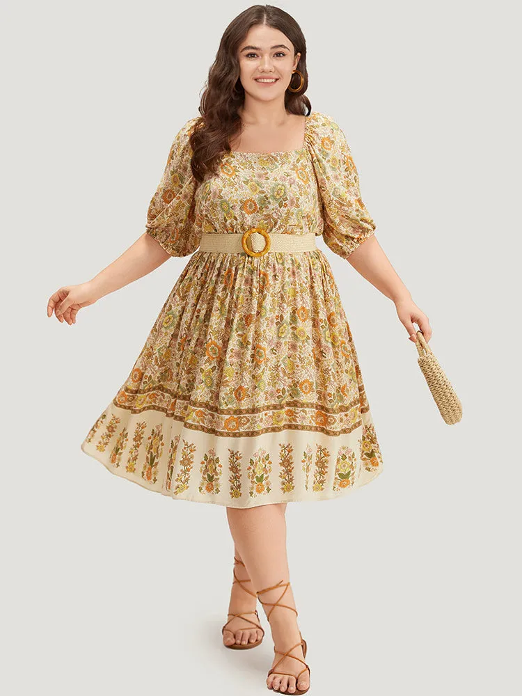 Floral Print Pocket Square Neck Elastic Cuffs Dress sold by Bloomchic product image thumbnail 3