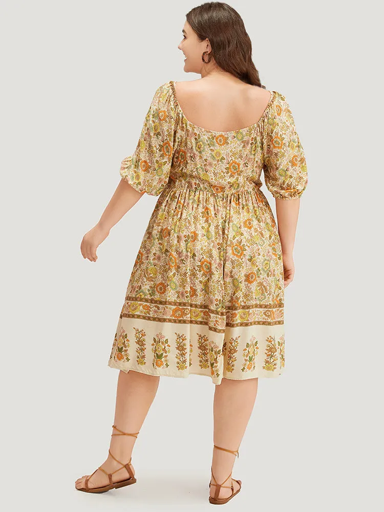 Floral Print Pocket Square Neck Elastic Cuffs Dress sold by Bloomchic product image thumbnail 4