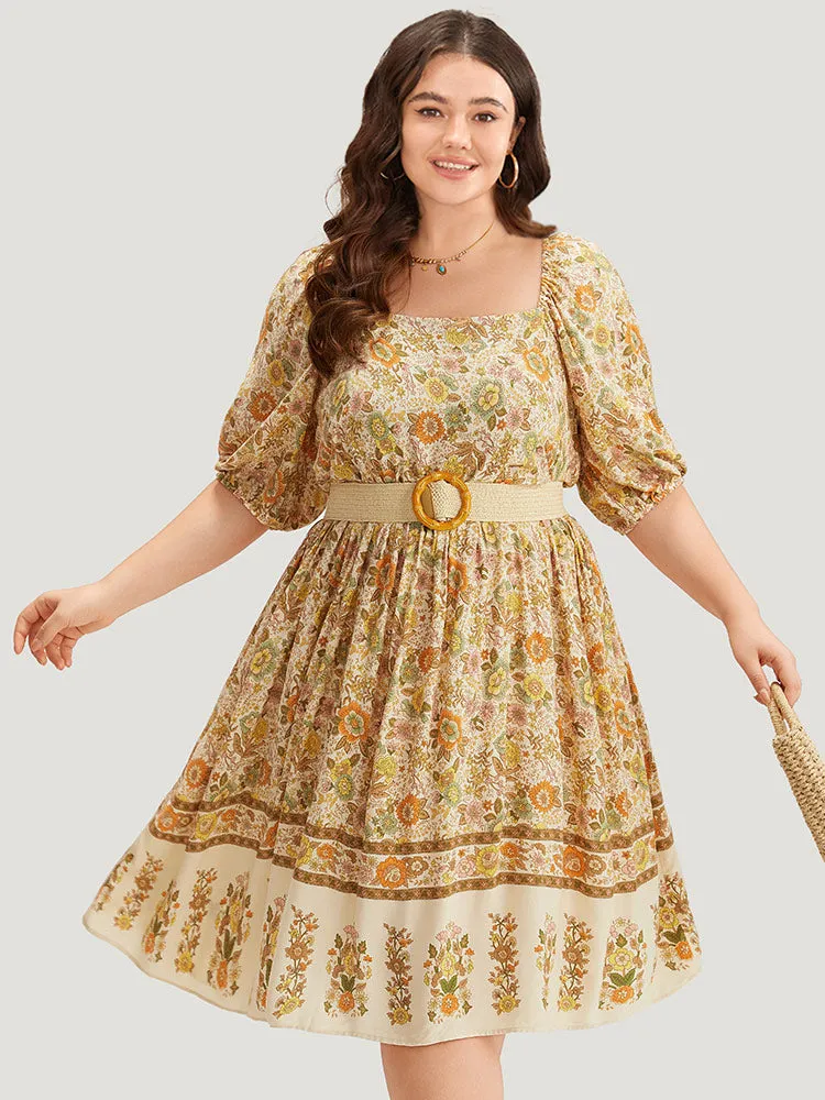 Floral Print Pocket Square Neck Elastic Cuffs Dress sold by Bloomchic