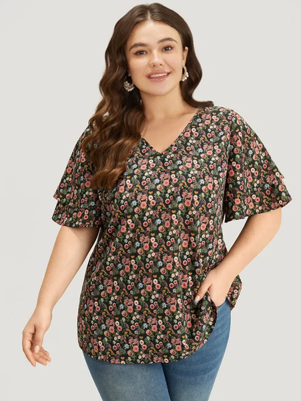 Floral Print Layered Ruffle Sleeve Blouse sold by Bloomchic