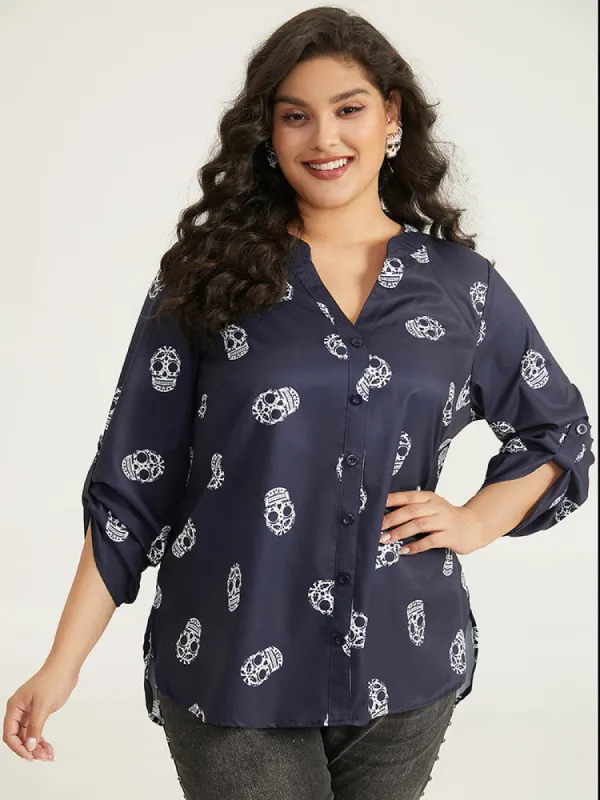 Halloween Skull Print Notched Tab Sleeve Blouse sold by Bloomchic