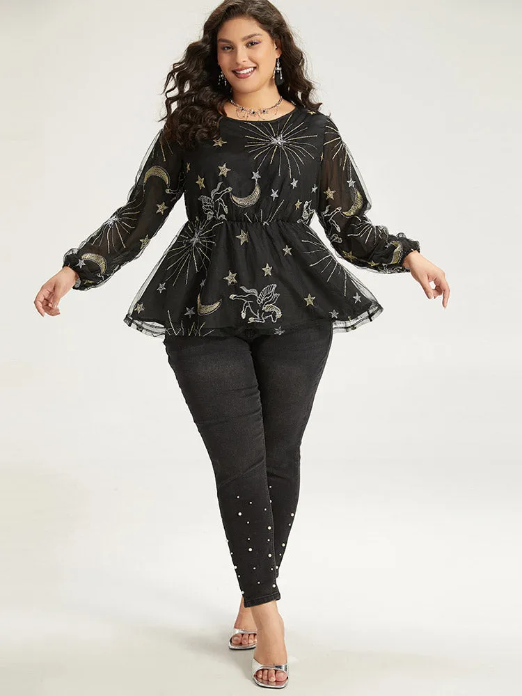 Halloween Star Elastic Waist Mesh Patchwork Lantern Sleeve Blouses sold by Bloomchic product image thumbnail 5