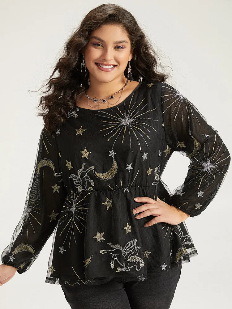 Halloween Star Elastic Waist Mesh Patchwork Lantern Sleeve Blouses sold by Bloomchic product image thumbnail 2