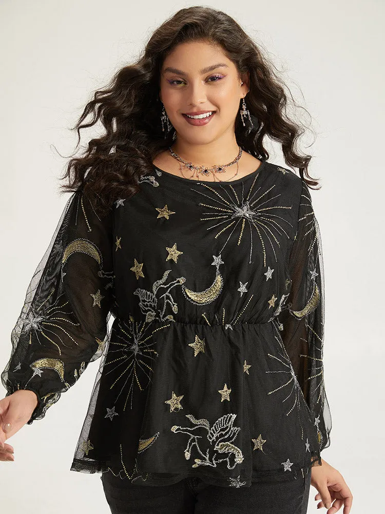 Halloween Star Elastic Waist Mesh Patchwork Lantern Sleeve Blouses sold by Bloomchic product image thumbnail 3